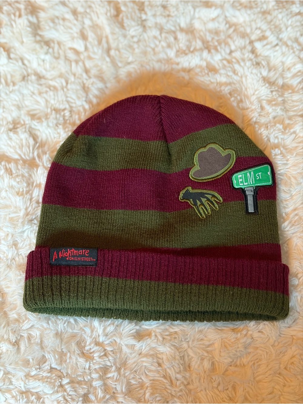 A Nightmare on Elm Street Striped Beanie - Olive & Maroon